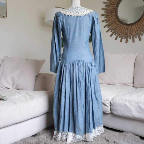 Vintage Gunne Sax 70s Blue Prairie  Cottagecore Maxi Dress - Picture 6 of 13